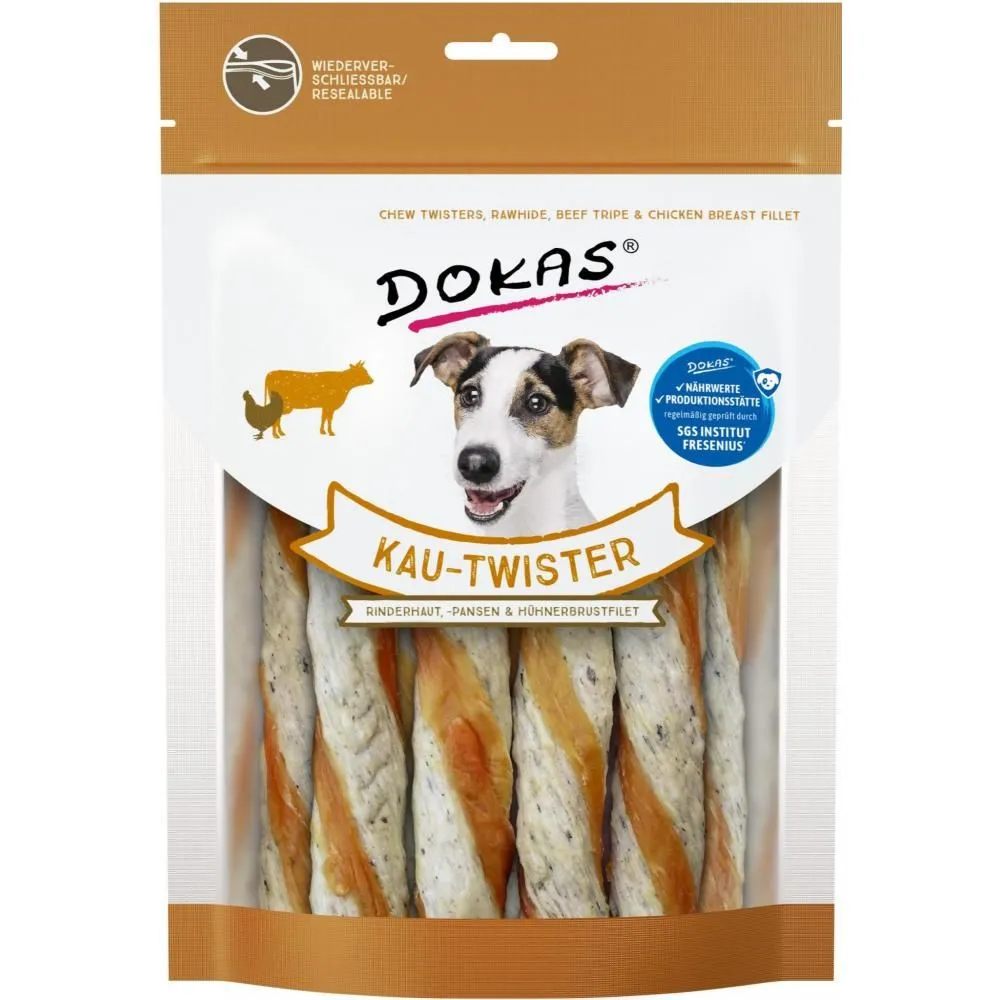 Dokas Tyggetwister ko, kallun og kylling 200 g - snoede tyggepinde